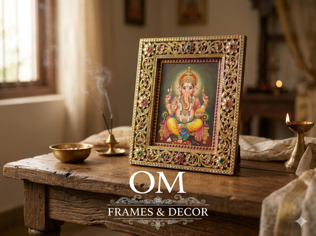 Intricate gold Ganesha photo frame with jewel embellishments on a rustic wooden altar, a premium example of spiritual Wall Decor India.