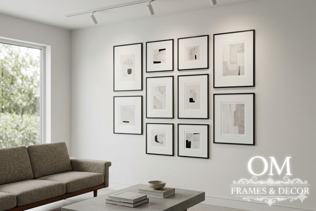 Sleek black and gold metal photo frames for modern home wall decor by Om Frames and Decor.