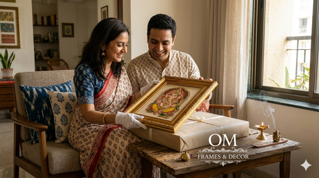 A clean screenshot of the 'Om Frames and Decor' website product page for a 'Gold-Plated Ganesha Frame', showing user reviews, secure checkout icons, and fast delivery information.
