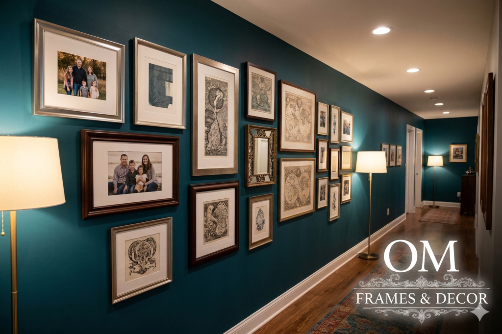 Large gallery wall installation with multiple photo frames in a hallway, interior design by Om Frames and Decor.
