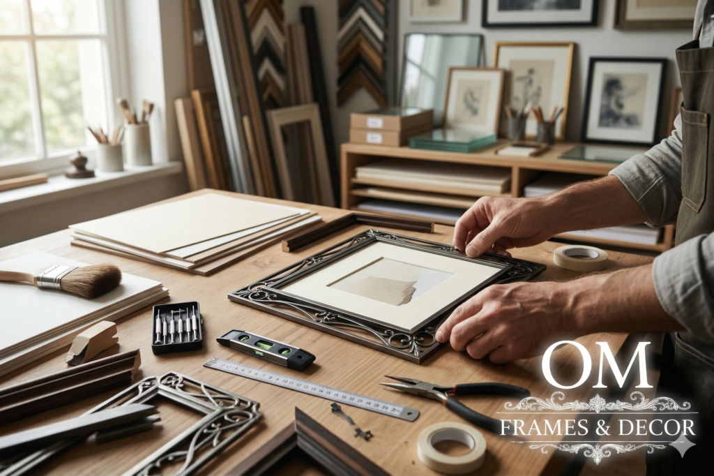 Close-up of a craftsman's hands assembling a custom photo frame with professional tools at Om Frames workshop.