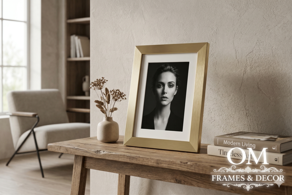 Premium gold photo frame on a rustic wooden table with black and white portrait, Om Frames and Decor branding.