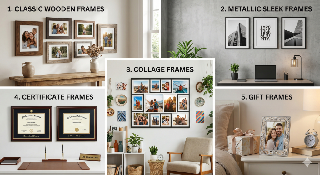 Premium classic wooden photo frames by Om Frames and Decor for living room decor.