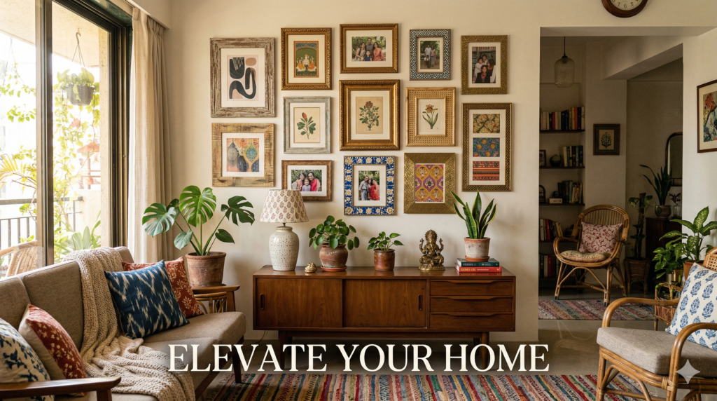 Modern bohemian living room in India featuring a curated gallery wall with various textured photo frames, representing the best of Wall Decor India