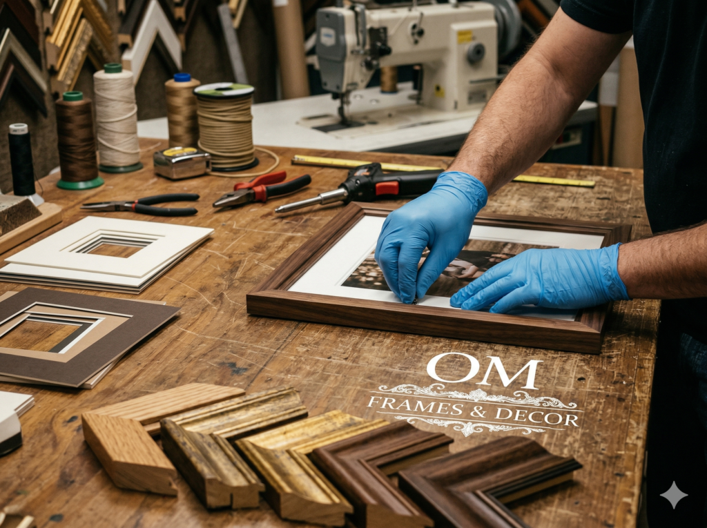 Craftsman in a workshop carefully securing a custom photo in a dark wood frame, highlighting the quality behind Wall Decor India products.
