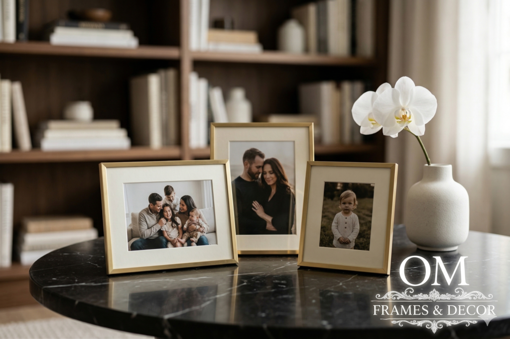 Minimalist brass tabletop photo frames with family pictures on a marble coffee table.