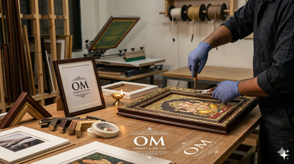 A craftsman in the Om Frames and Decor workshop carefully secures a gold Ganesha Spiritual Wall Frames for Home, showcasing premium craftsmanship and attention to detail.